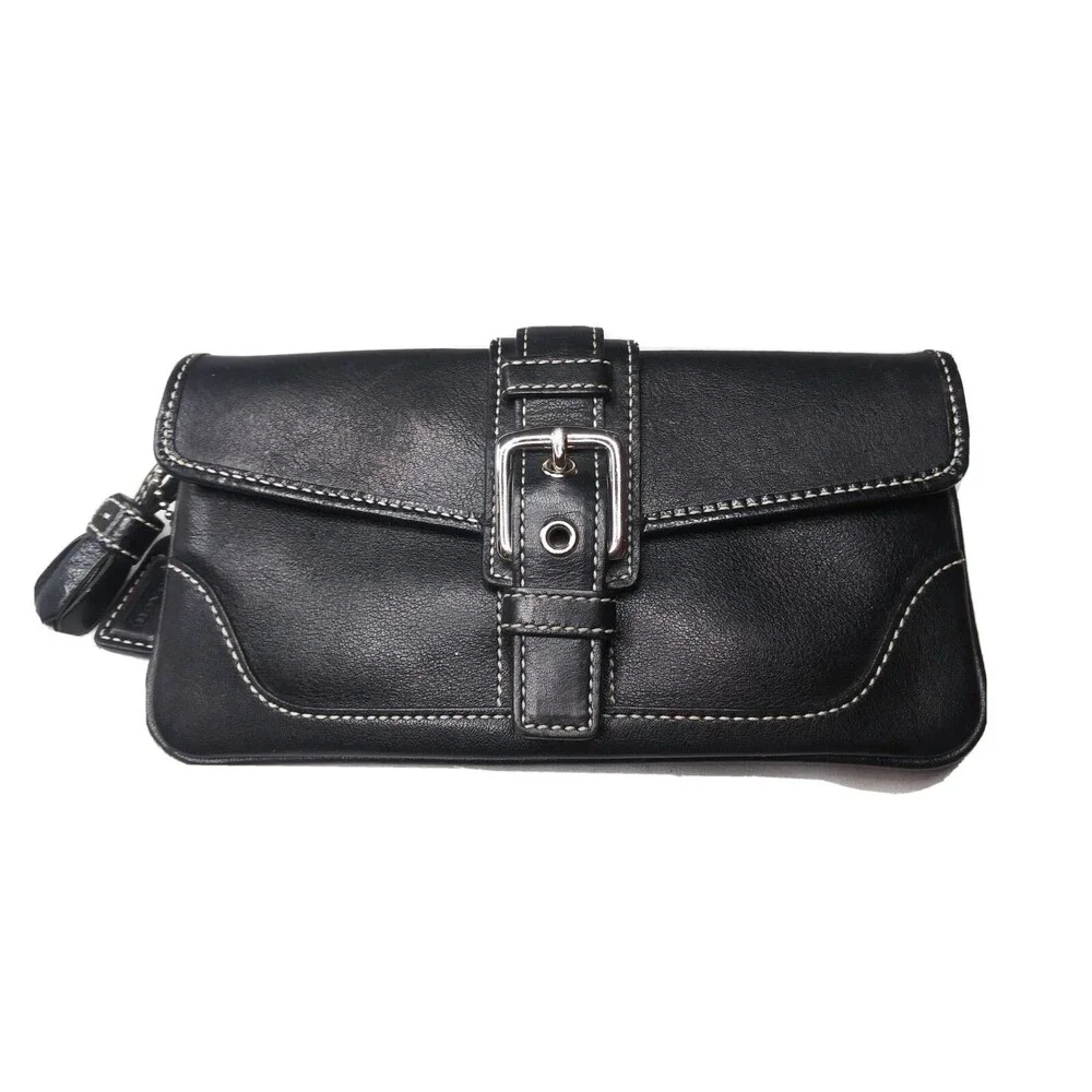 Coach Black Leather Wristlet Clutch Purse Medium Size charm & tassel accent